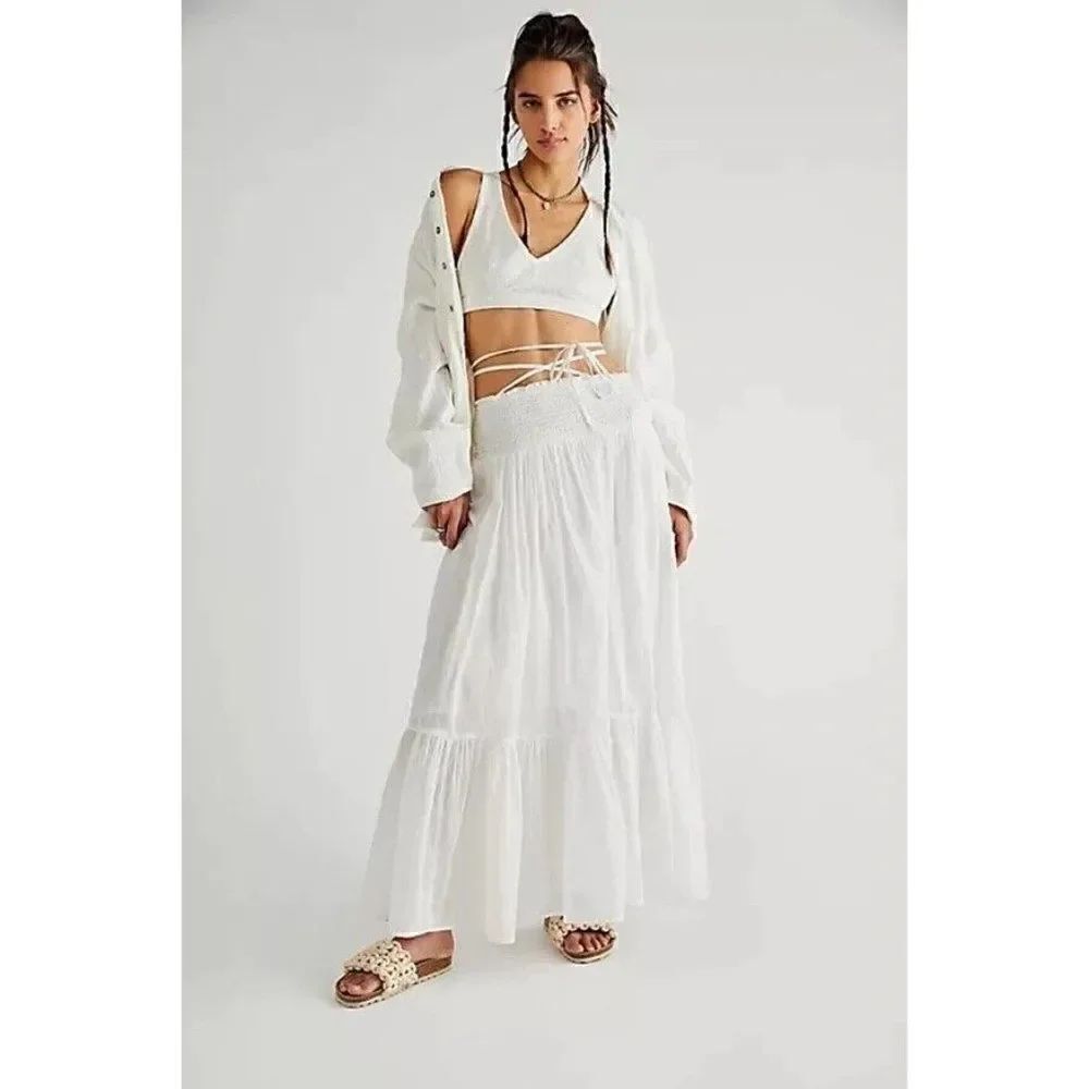 NEW FREE PEOPLE FOLLOW RIVERS CONVERTIBLE SMOCKED DRESS SKIRT IN IVORY